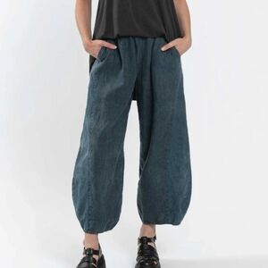 Cynthia Ashby Two Tone Linen Blue Elastic Waist Barrel Leg Baggy Pants